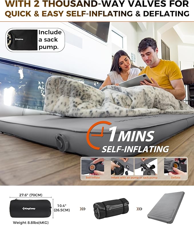 KingCamp Double Sleeping Pad, 2 Person Queen R 7.9 Self Inflating Sleeping Pad, 3" Ultra Thick Full Size Foam Mattress Mat with Pump Sack for Camping Outdoor Tent Car, PVC Free (Grey)