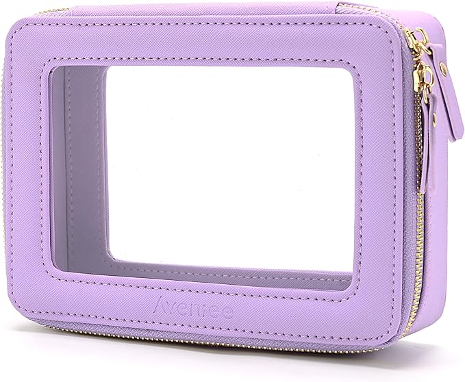 Aveniee Clear Makeup Bag for Women, Clear Cosmetic Case Travel Toiletry Bag, Heavy Duty Makeup Organizer Car Bag with Clear Windows & Gold Zippers(Lilac)