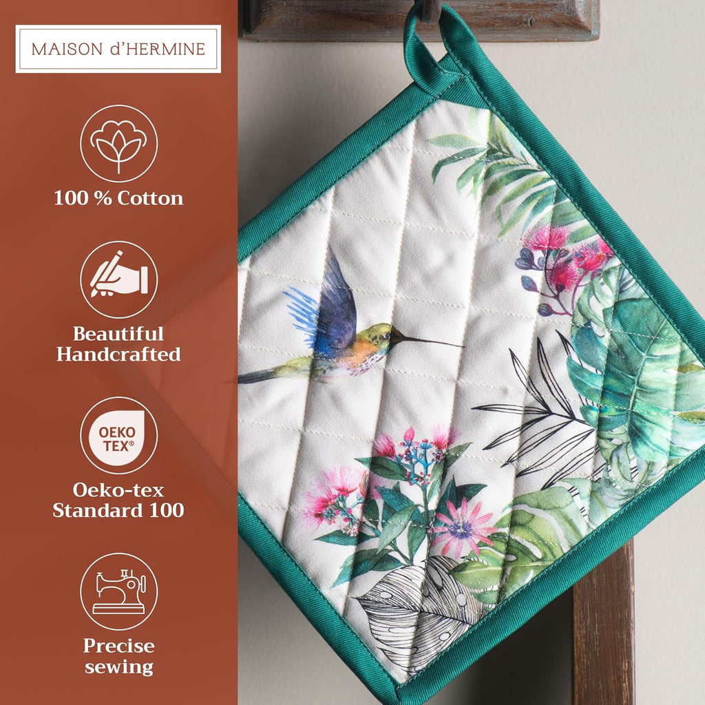 Maison d' Hermine Pot Holders 100% Cotton Heat Resistant Potholders 8" x 8" Hot Pads with Loop BBQ, Cooking, Baking, Grilling, Kitchen, Handling Hot Pans Spring/Summer (Pack of 1, Tropiques)