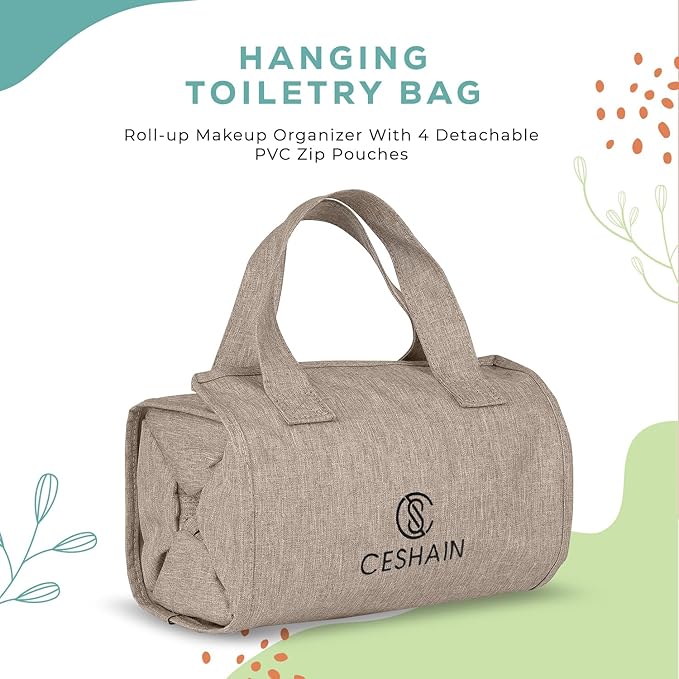 4-in-1 Hanging Toiletry bag - Roll-Up Makeup Bag - 4 Detachable PVC Zip Pouches – 600D Oxford Fabric, Versatile Travel Toiletry Organizer Bag - Makeup, Cosmetics, First Aid, Medicine Personal Care,