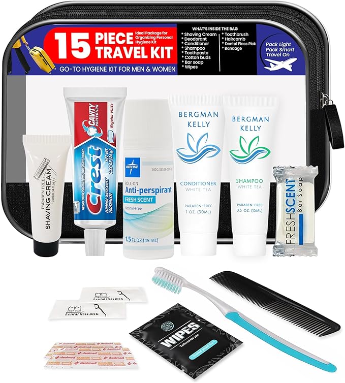Trektote Travel Toiletry Kit For Men And Women – 15 Piece Set of Travel Size Toiletries, TSA Compliant, Includes Shampoo And Conditioner, Body Wash, Oral Care, Reusable Toiletry Bag & More