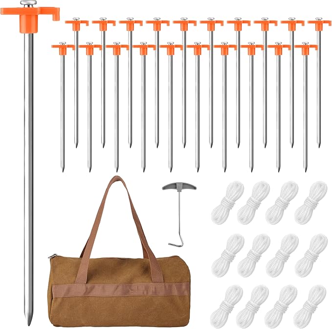 Aodaer 24 Pack Tent Stakes Heavy Duty Tent Pegs 10.25 Inch Non-Rust Metal Yard Stakes with 4x10ft Ropes and Storage Bag Inflatable Stakes for Gardening & Canopies, Camping Halloween Christmas, Orange