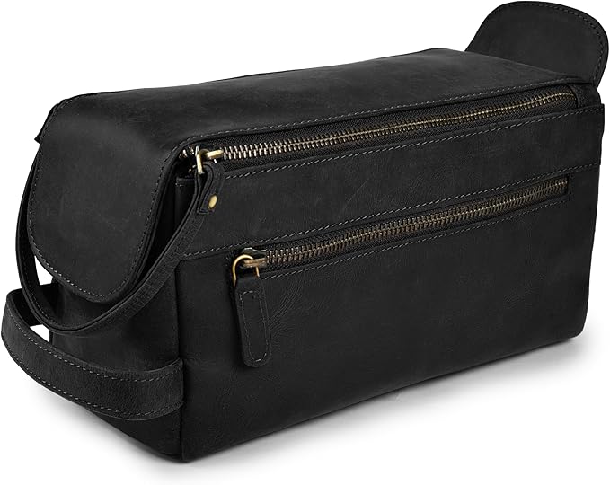LEATHER VILLAGE Premium Leather Travel Toiletry Bag - Unisex Water-Resistant Travel Dopp Kit, Shaving & Cosmetic Organizer for Men & Women - Compact Bathroom Essentials - Distressed Black