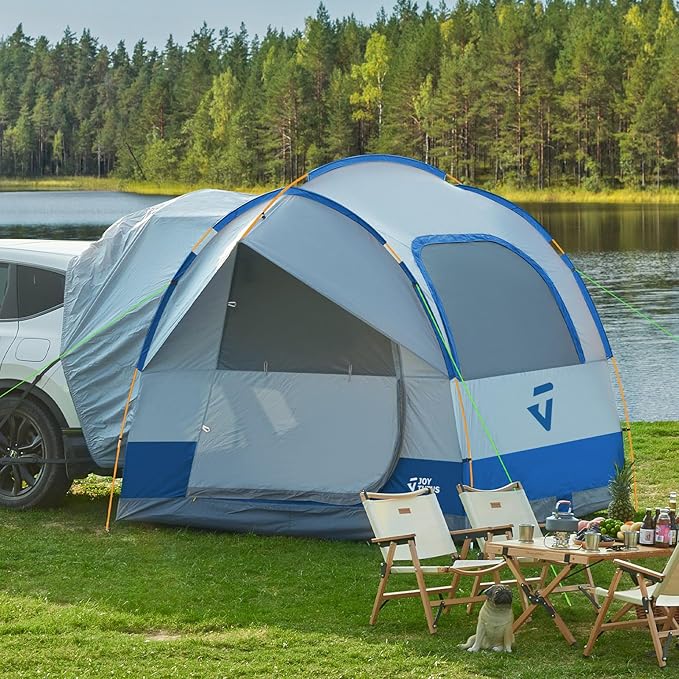 JOYTUTUS SUV Tent for Camping with Rainfly, Double Door Design Car Tent with Aluminum Poles, SUV Tailgate Tent with Waterproof PU2000mm Double Layer for 6-8 Person, Blue