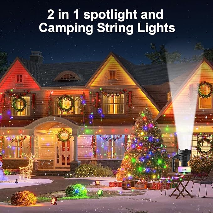 Waterproof 49ft LED Decorative String Light with Storage Box & 5H Runtime, Super Bright Flashlight (20H Spotlight) for Outdoor Patio, Camping, Garden Party Decoration