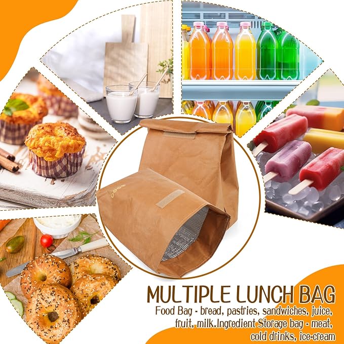 2 Pcs Insulated Brown Paper Lunch Bags, Reusable Lunch Bag Large Retro Sacks Thermal Insulation Food Storage Handbag with Velcro for Adults Office Work Picnic Travel Snacks - 7.8"L x 5.9"W x 11.8"