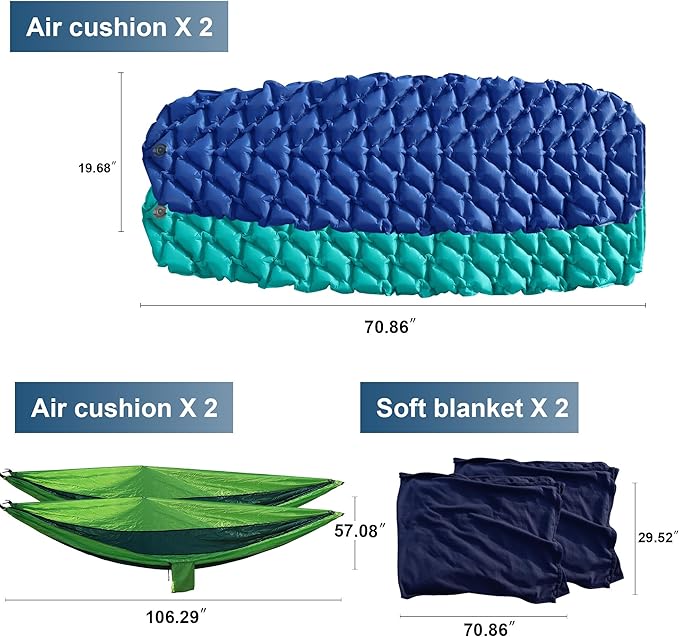 9-Piece Camping Tent Kit - 1 Dome Tent (2 or 3 Person), 2 Sleeping Bags, 2 Air Mattresses, 2 Single Camping Hammocks, 2 Blankets