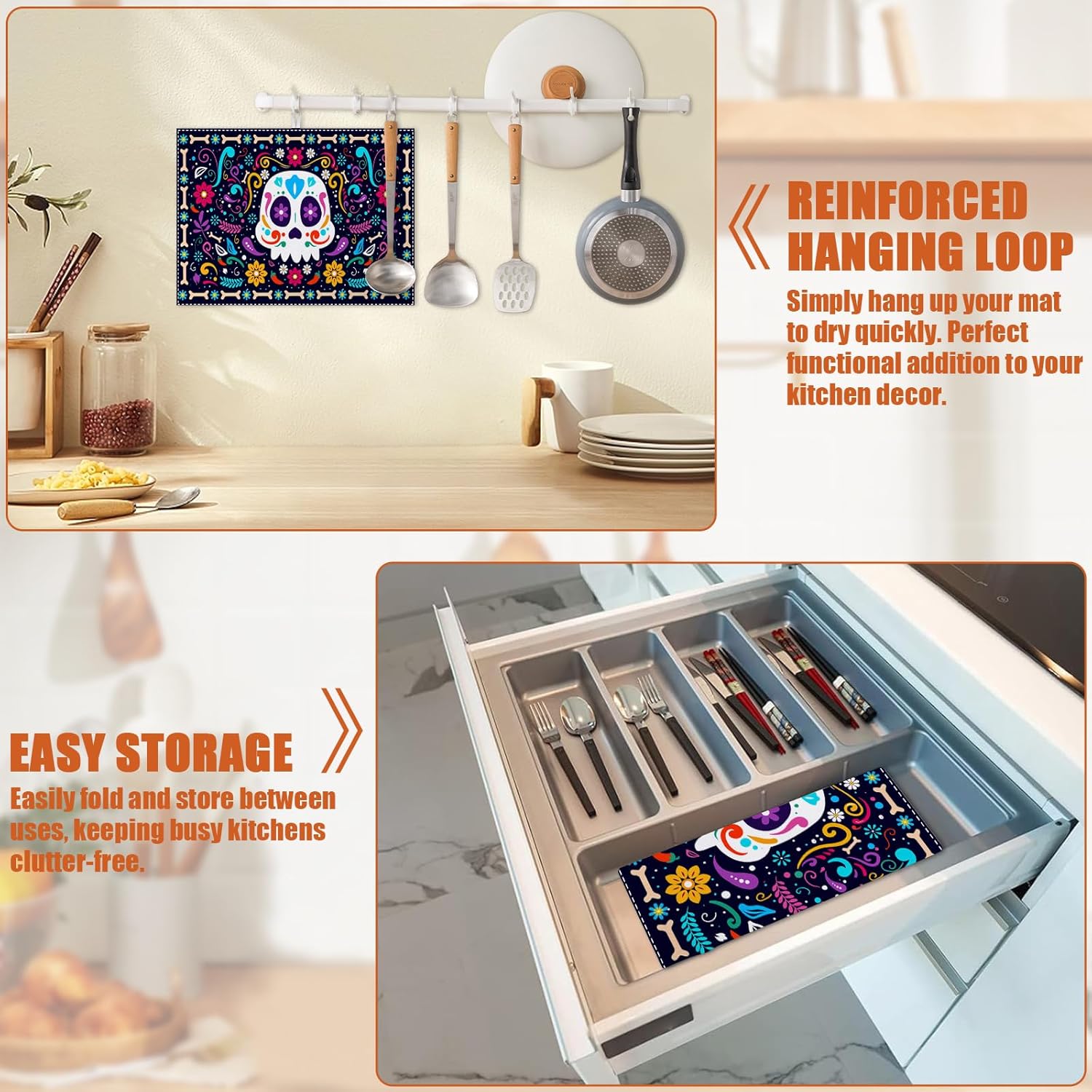 Sugar Skull Dish Drying Mat for Kitchen Counter Microfiber Absorbent Dish Day of the Dead Kitchen Drying Mat Draining Reusable Washable for Dishes/Utensils/Counterto