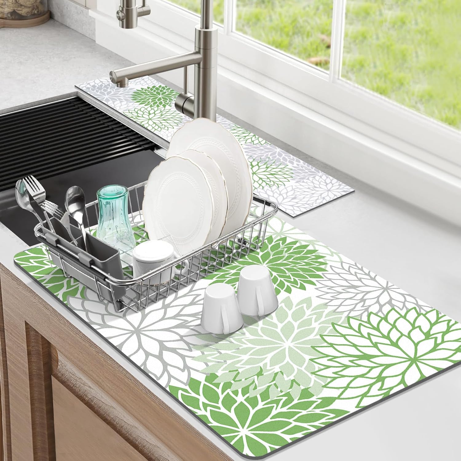 Findosom 2PCS 12" x 20" Dish Drying Mat & 24" x 5.5" Sink Splash Guard, Super Absorbent & Cuttable Dish Mat Drying Kitchen Mat with Green Floral, Hide Stain Drying Mat for Kitchen Counter