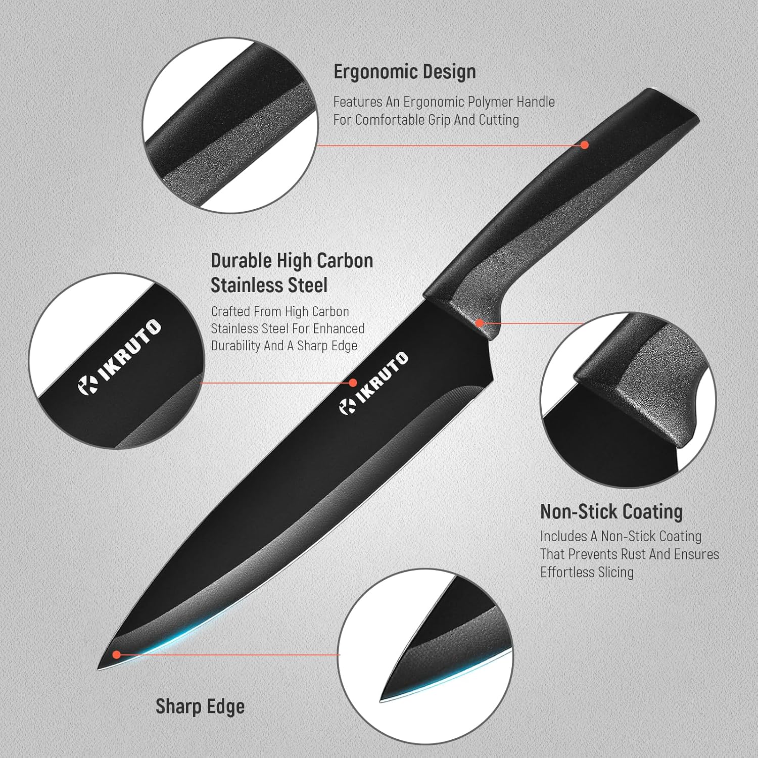 15-Piece Kitchen Knife Set with Block – Chef Knives, Utility Knives, Steak Knives, and Built-In Sharpener (Black and Gray)