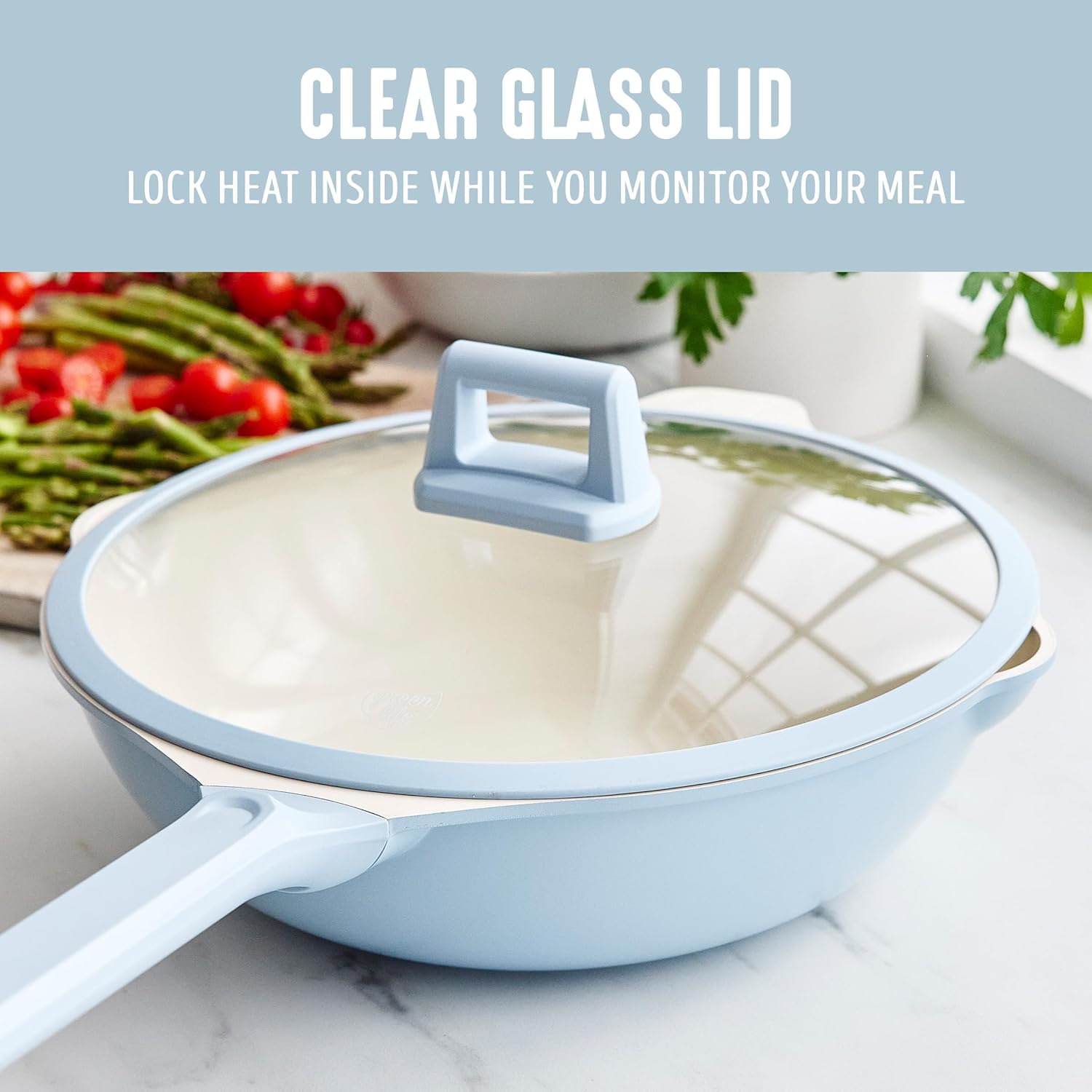 GreenLife Nonstick 12” (5QT) All in One Deep Skillet Wok with Lid, PFAS-Free Non-Toxic Ceramic Multi-Purpose Pan, Induction, All Stovetop, Egg, Stir Fry, Saute, Stay Cool Handle, Blue Haze