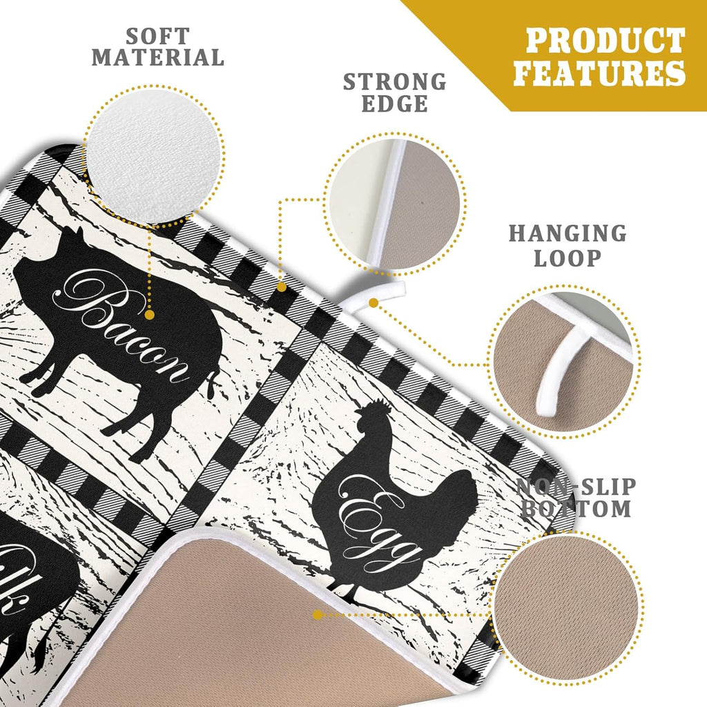 Farmhouse Animal Dish Drying Mat Buffalo Plaid Drainer Rack Mats Fast Dry Absorbent Kitchen Countertop Protector Dishes Pad 16x18 Inch