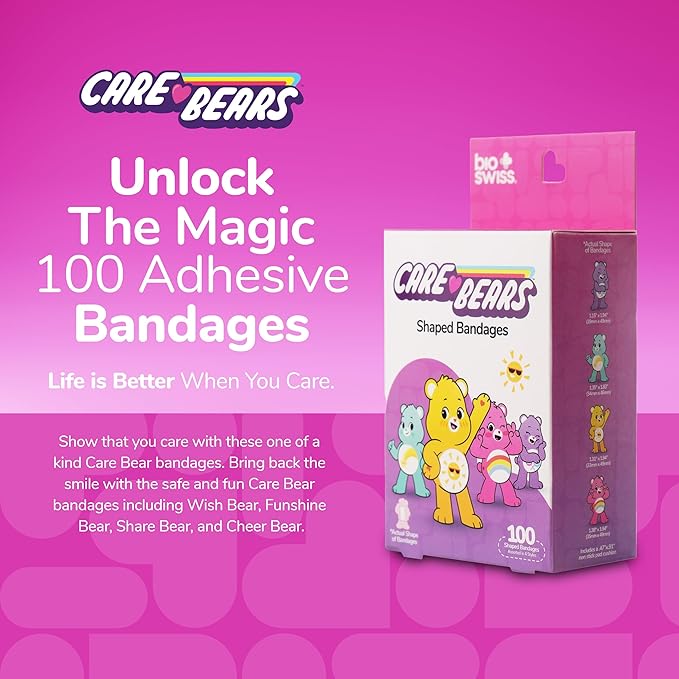BioSwiss Care Bears Bandages, Unlock The Magic Care Bear Shaped Self Adhesive Bandage, Latex Free Sterile Wound Care, Fun First Aid Kit Supplies for Kids, 100 Count