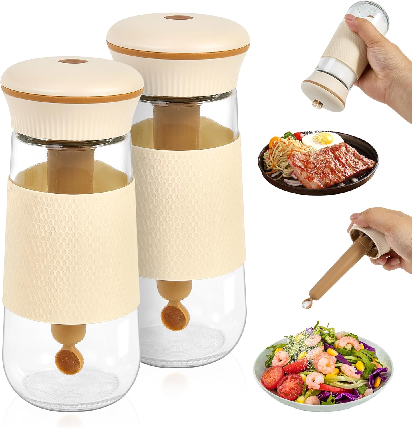 2-in-1 Salt Shaker, Glass Salt and Pepper Shakers Set with 1g Measuring Spoon, 2PCS Salt Pepper Containers Farmhouse Cute Salt Shakers for Kitchen, Easy Filling