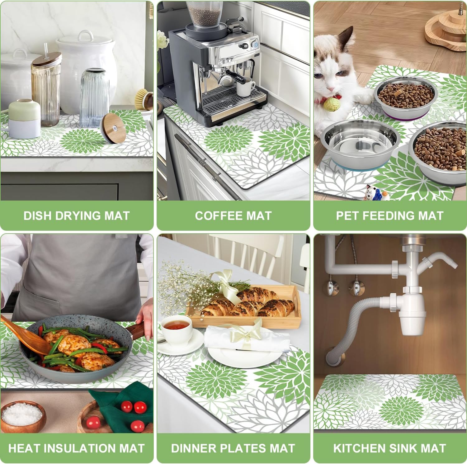 Findosom 2PCS 17" x 32" Dish Drying Mat & 24" x 5.5" Sink Splash Guard, Super Absorbent & Cuttable Dish Mat Drying Kitchen Mat with Green Floral, Hide Stain Drying Mat for Kitchen Counter