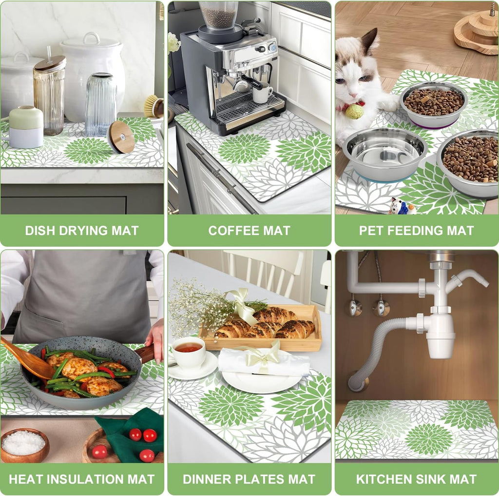Findosom 2PCS 16" x 24" Dish Drying Mat & 24" x 5.5" Sink Splash Guard, Super Absorbent & Cuttable Dish Mat Drying Kitchen Mat with Green Floral, Hide Stain Drying Mat for Kitchen Counter