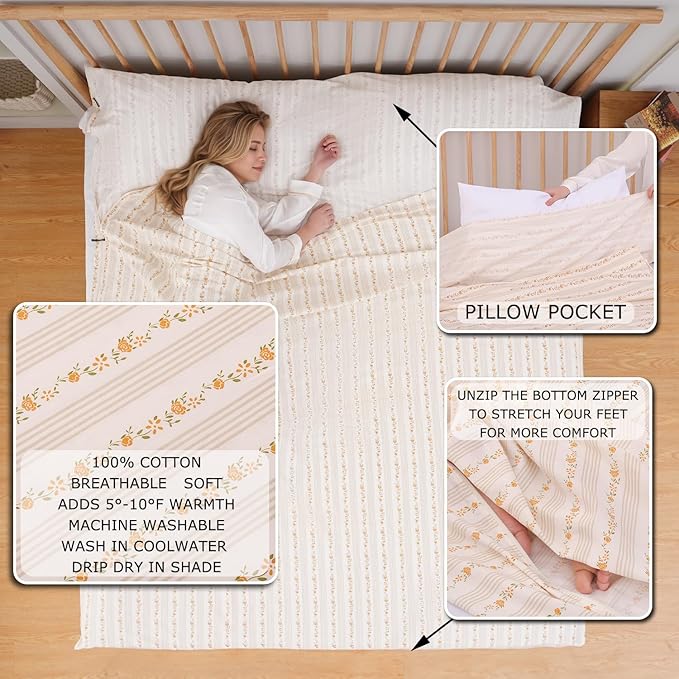 100% Cotton Sleeping Bag Liner with Full Length Zipper on 3 Sides; Single/Double Adult Sleep Sack for Travel & Camping, Multifunctional Travel Sheets (Unzipped 87”x87”) for Hotel, Lightweight