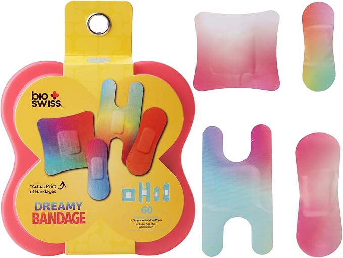 BioSwiss Bandages, Assorted Size Gradient Print Self Adhesive Bandage, Latex Free Sterile Wound Care, First Aid Kit Supplies for Kids and Adults, 60 Count