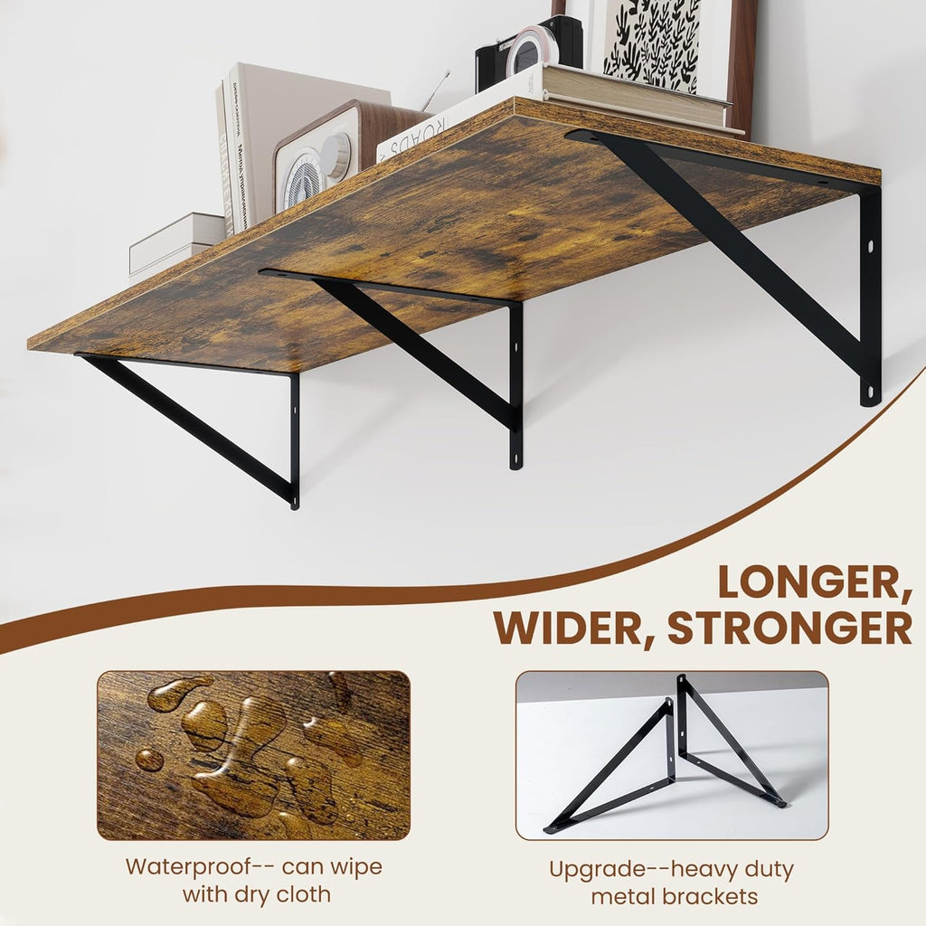 Heimlove Deep Floating Shelves for Wall, 36W x 12D Wood Wall Shelves Set of 2, Wide Floating Bookshelf for Living Room, Kitchen, Office, Bedroom and Decor Storage, with Metal Bracket - Rustic Brown