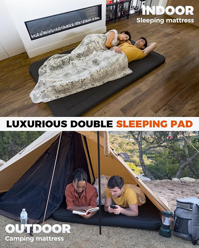 KingCamp Double Sleeping Pad, 2 Person Queen R 7.9 Self Inflating Sleeping Pad, 3" Ultra Thick Full Size Foam Mattress Mat with Pump Sack for Camping Outdoor Tent Car, PVC Free (Black)