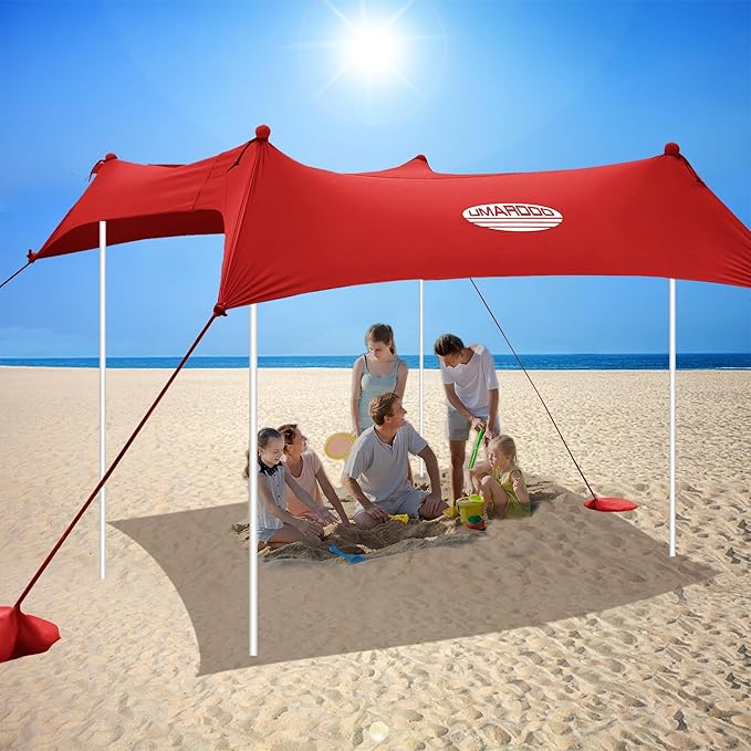 UMARDOO Family Beach Tent Canopy Sun Shade Portable, Large Compact Beach Sun Shelter Easy Setup with Packable Bag for Outdoor Travel (Red, 10X10 FT. 4Poles)