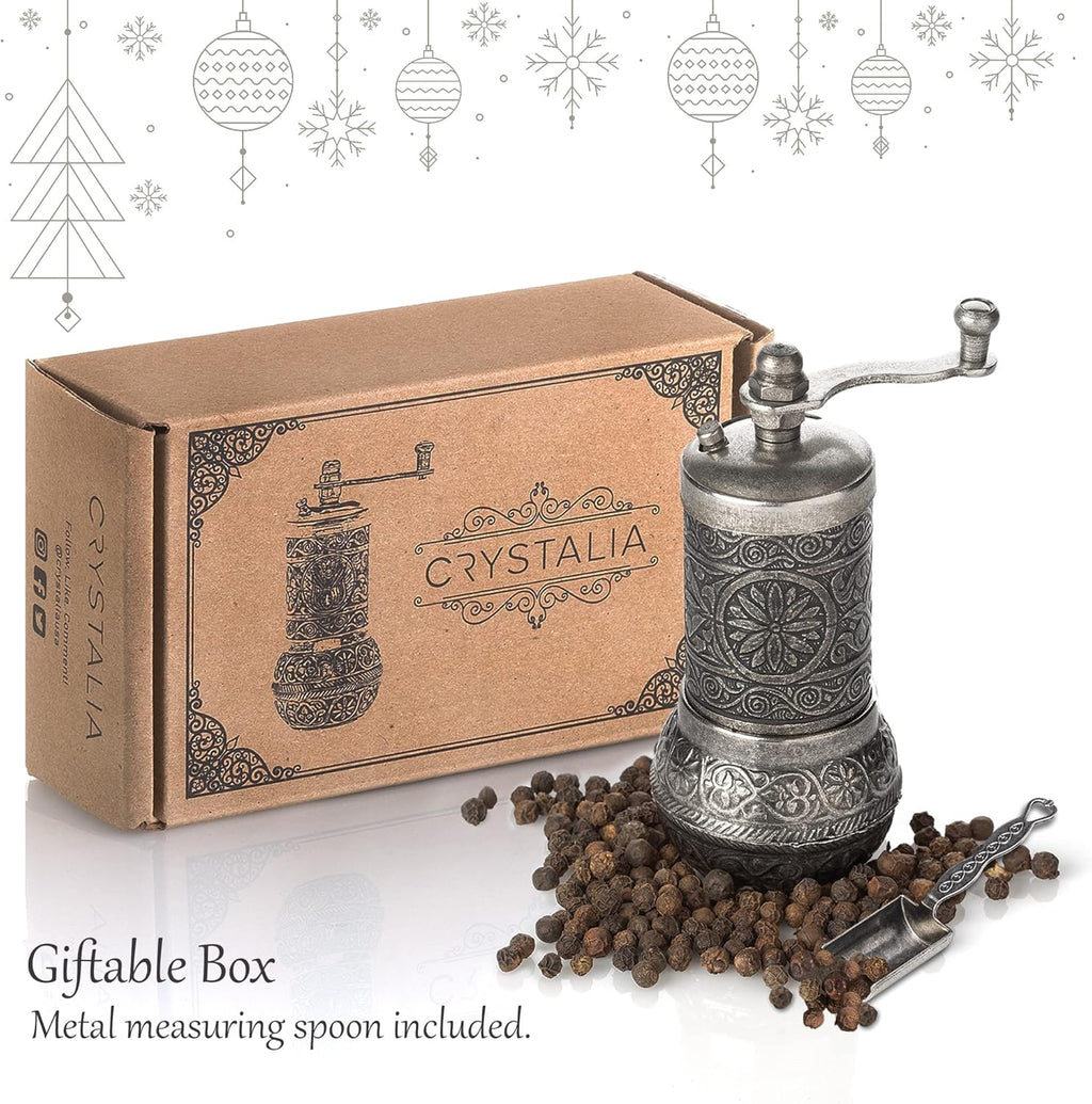 Decorative Black Pepper Grinder, Refillable Turkish Spice Mill with Adjustable Coarseness, Manual Pepper Mill with Handle, Spice Grinder Metal with Hand Crank, Dark Silver