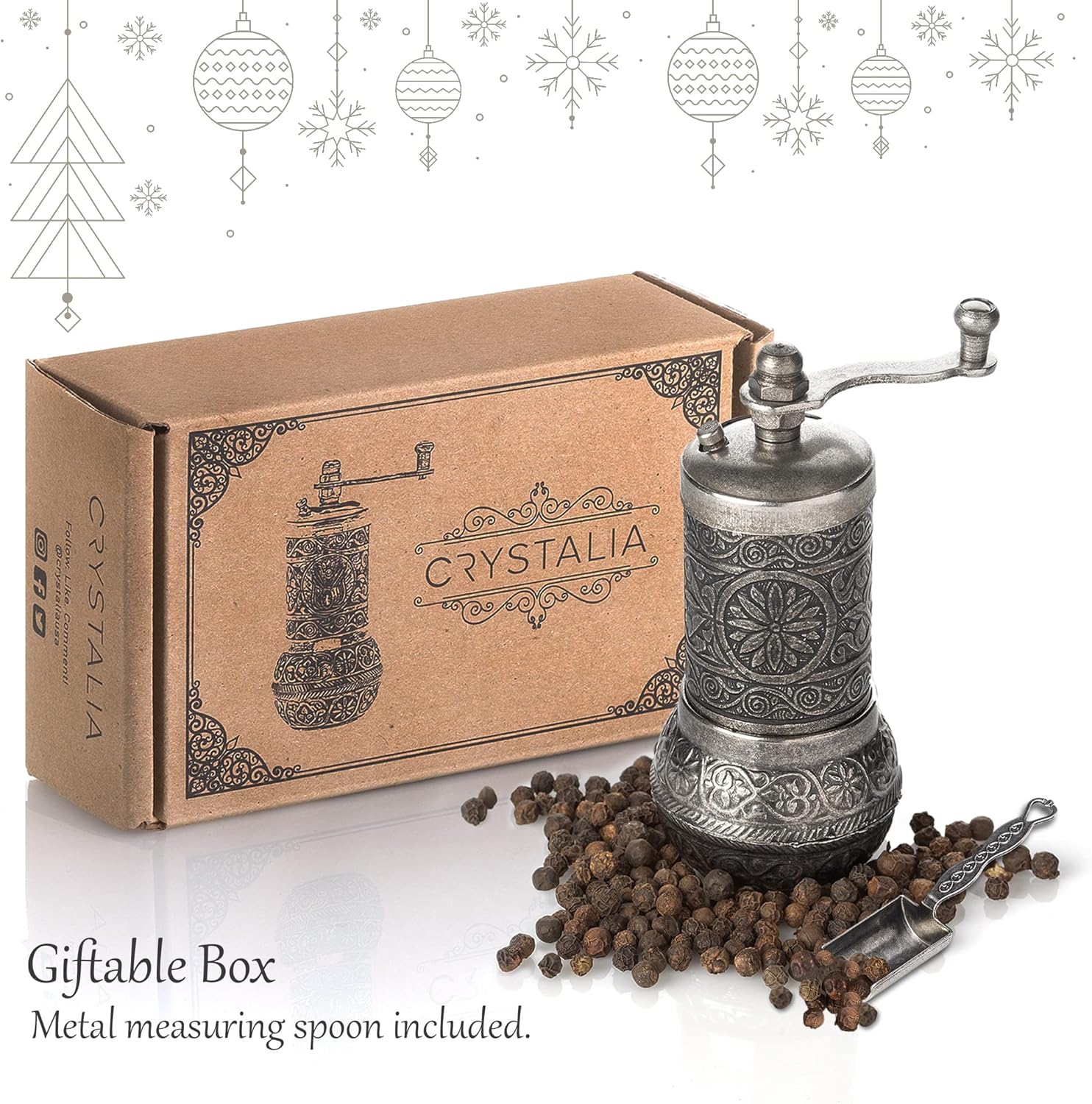 Decorative Black Pepper Grinder, Refillable Turkish Spice Mill with Adjustable Coarseness, Manual Pepper Mill with Handle, Spice Grinder Metal with Hand Crank, Dark Silver