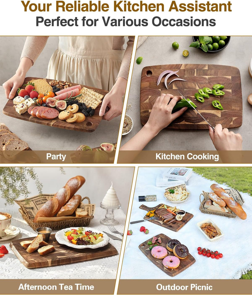 XINZUO Small Acacia Wood End-Grain Kitchen Cutting and Serving Board, for Kitchen, 14" x 9" Reversible Wooden Chopping Board for Meat, Cheese, Fruit & Vegetables,Easy to Clean(Rectangular)