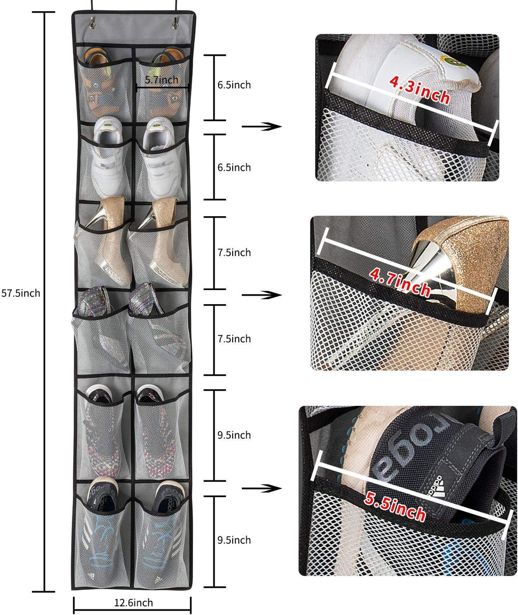 KEEPJOY Over The Door Shoe Organizer 2 Pack,Mesh Pockets Hanging Shoe Rack Over The Door,Shoe Storage Closet with 4 Hooks,Washable and Breathable Fabic,Large Size 57.5×12.6inch(Grey)