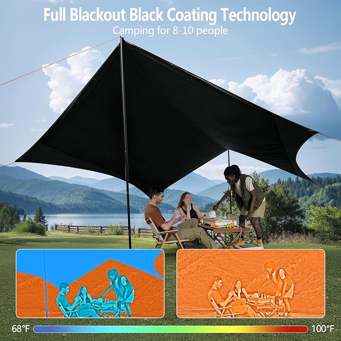 Camping Tarp with Poles & Retainer,15x12.5FT Large Waterproof 210D Oxford Cloth Camping Canopy, UV Blocking Rate 99.99% Tent Tarp Car Awning for Outdoor, Picnic, Hammock, Car, Backpacking(Khaki-Black)