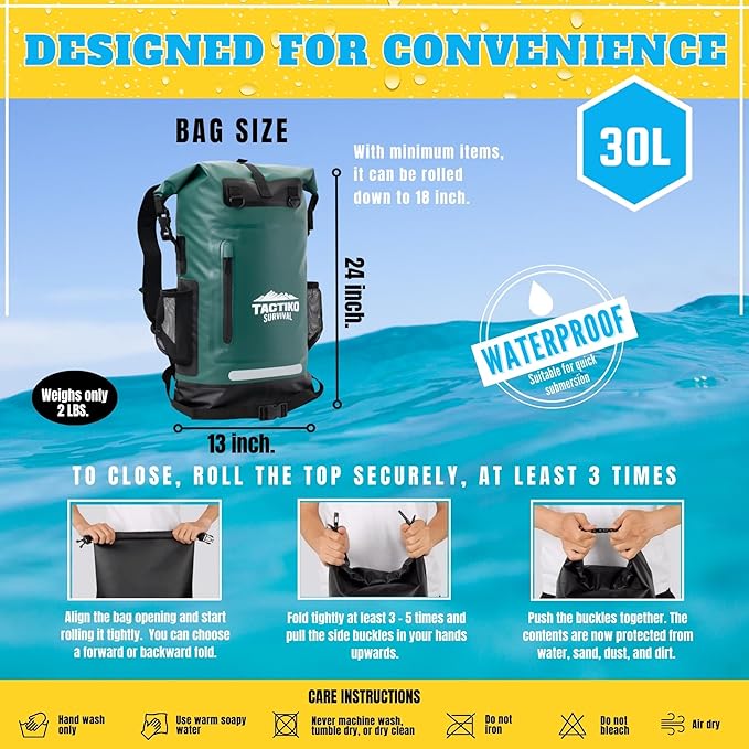 TACTIKO 30L Heavy-Duty 100% Waterproof Backpack, Roll Top Dry Bags for Kayaking, Hiking, Camping, Survival