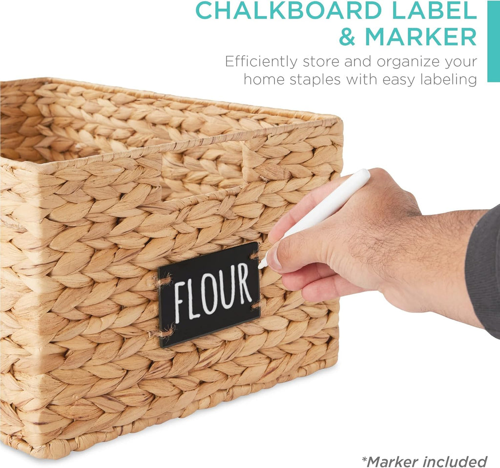 Best Choice Products Pantry Baskets Set of 2 16x12in Water Hyacinth Storage Baskets, Woven Wicker Organizers with handles w/Chalkboard Label Chalk Marker - Natural