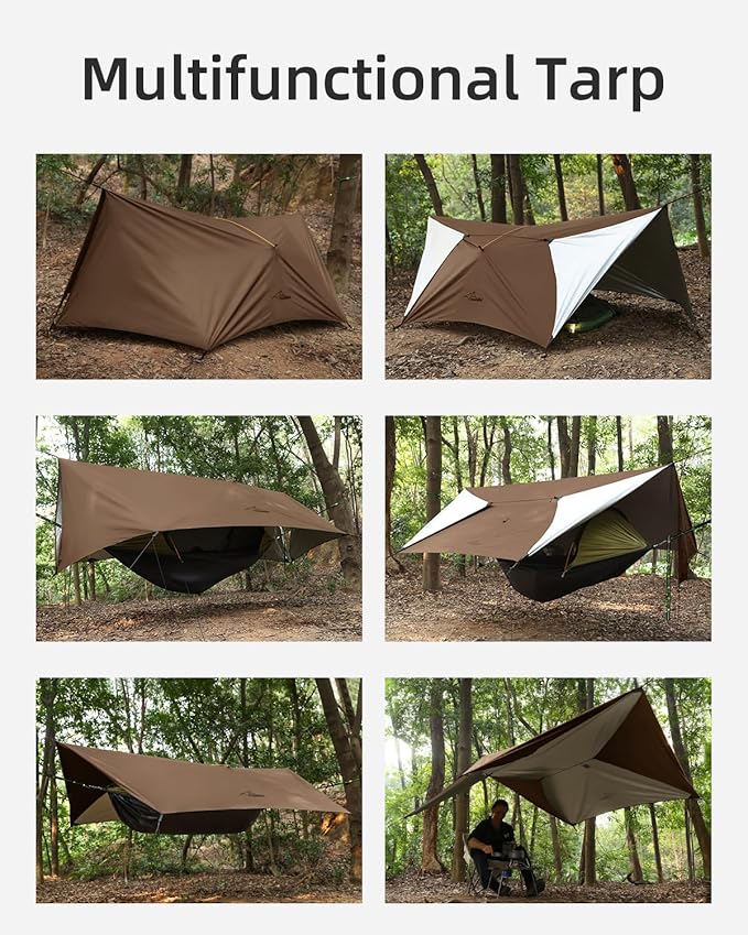 Ultralight Tarp, 14ft Hammock Rain Fly Lightweight Waterproof Camping Tent Tarp with Doors, Bushcraft Tarp Shelter for Backpacking Hiking Camping