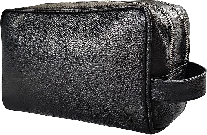 RUSTIC TOWN Full Grain Leather Travel Toiletry Bag - Dopp Kit Travel Organizer (Medium, Black)