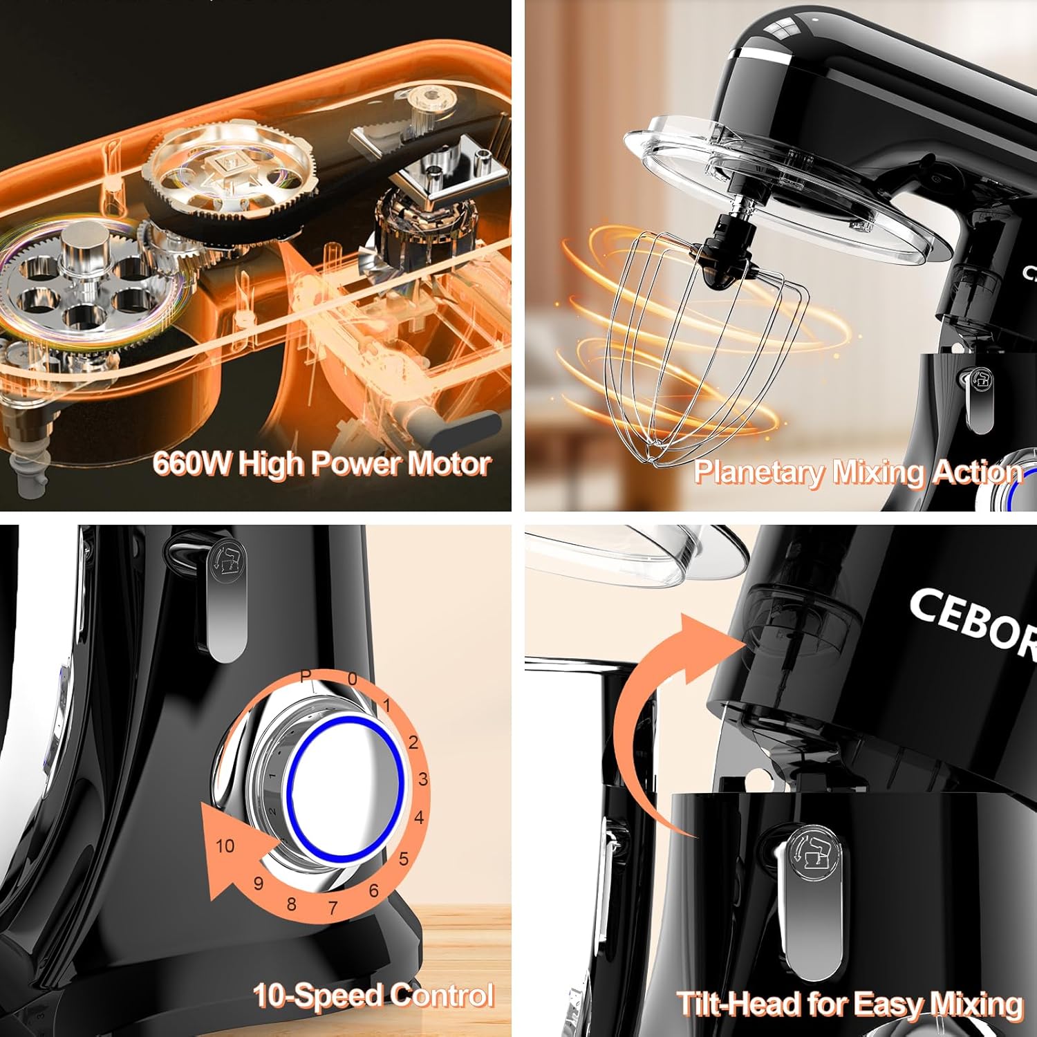 3-IN-1 Electric Stand Mixer, 6.5QT Bowl 660W 10-Speed Kitchen Mixer, Household Food Mixers include Dough Hook, Beater and Whisk, Bread Cake Mixer for Baking and Most Home Cooks, Black