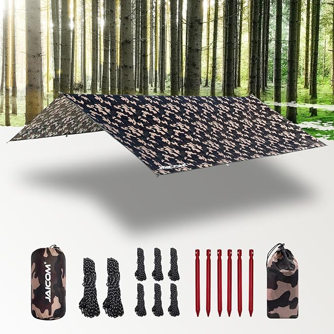 Waterproof Camping Tarp - 10X13ft Hammock Rain Fly, Ultralight & Portable & UV Protection Backpacking Tarp, Multifunctional for Outdoor Adventure, Hiking, Tent, Hammock