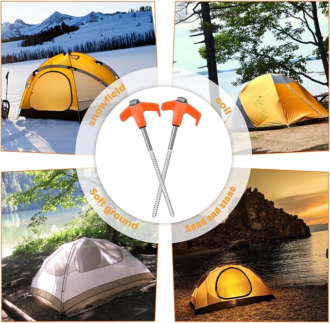 12 Pack 8" Screw in Tent Stakes Heavy Duty- Ground Anchors Screw- Tent Pegs Camping Stakes- Hex Pegs Drillable Tent Stakes and Hexagon Head Drive and Storage Box (Orange)