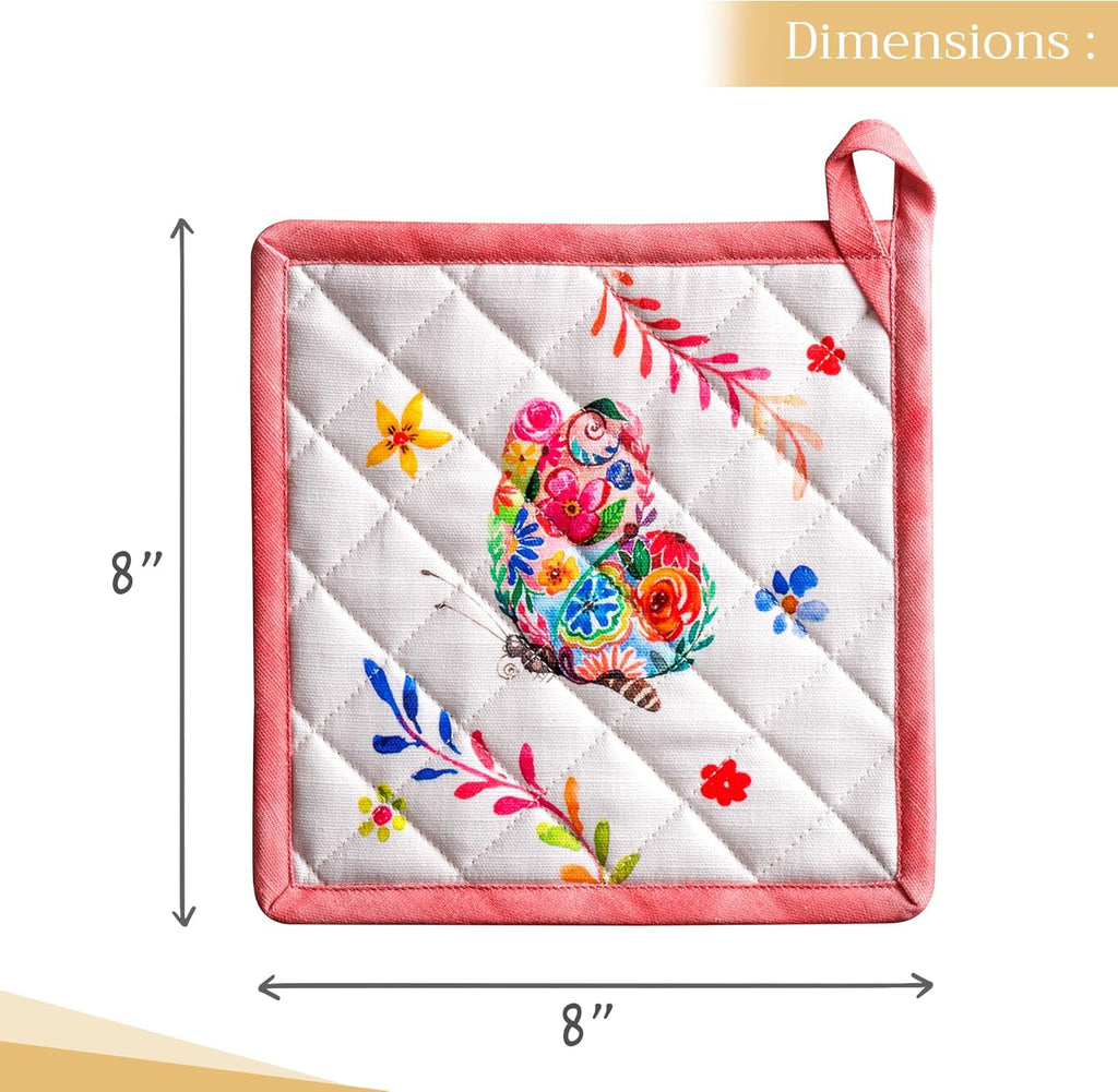 Maison d' Hermine Pot Holders Set 100% Cotton Heat Resistant Potholders 8" x 8" Hot Pads with Loop Cooking, Grilling, Kitchen, Handling Hot Pans Spring/Summer (Pack of 2, Happy Florals - High Summer)