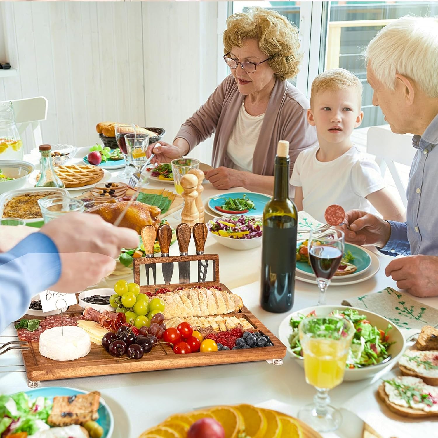 eleganlife Charcuterie Boards Set with Knives, Acacia Cheese Board Large, Charcuterie Platters with Compartments, Serving Boards Gifts for Wedding, Birthday and Housewarming Party