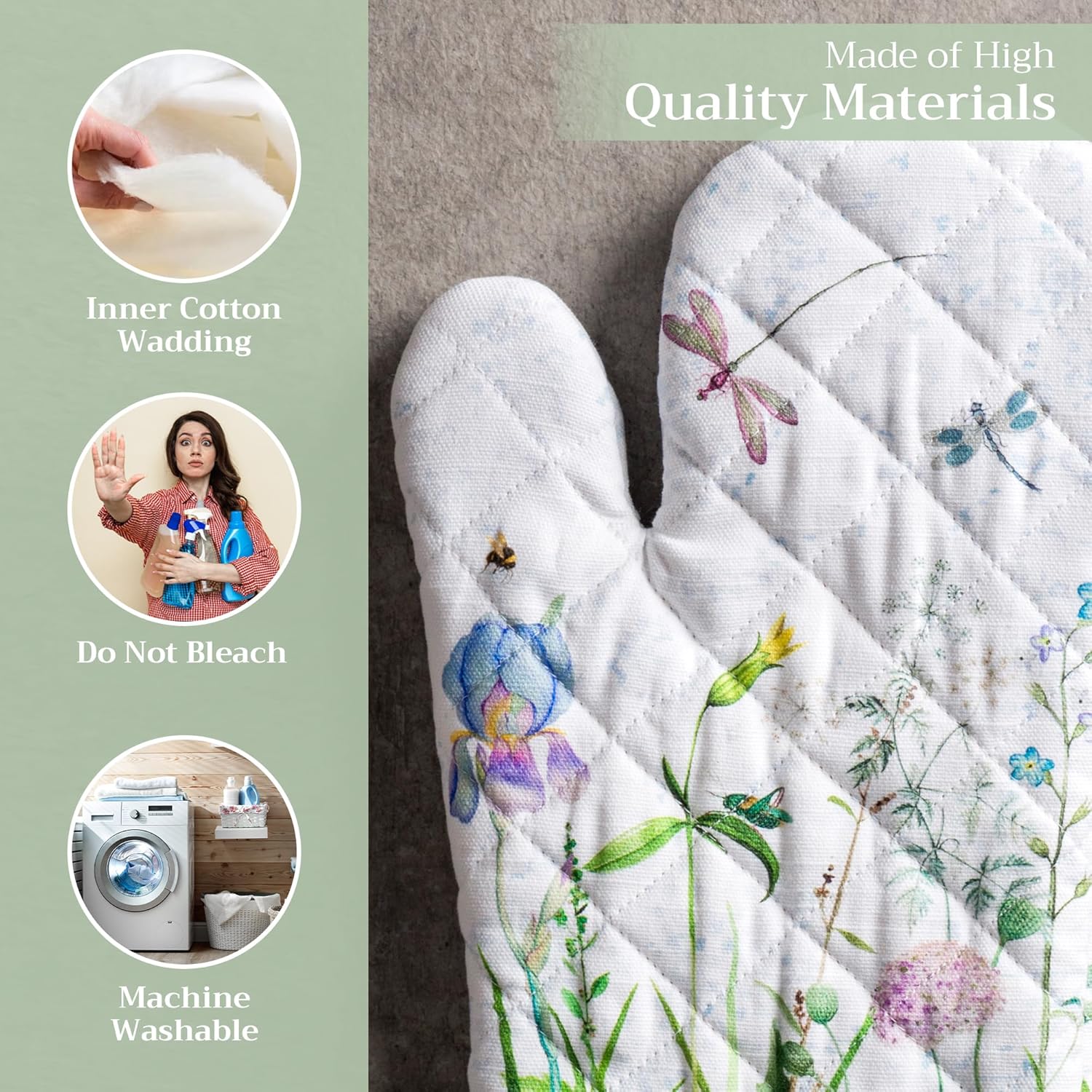 Maison d' Hermine Oven Gloves 100% Cotton Oven Mitt 7" x 13" with Loop Heat Resistant, BBQ, Cooking Gloves, Baking, Grilling, Kitchen, Handling Hot Pans Spring/Summer (Pack of 1, Fleurs De Mai)