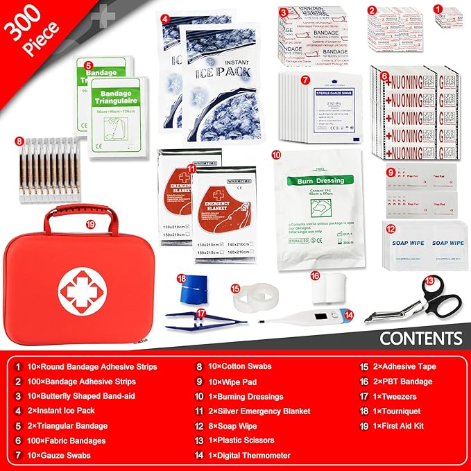 300PCS Home First Aid Kit for Hiking Car Home Emergency Kit First Aid Handheld Bag Multiple Purpose Case Outdoor Backpacking Gear for Disaster Preparedness Red
