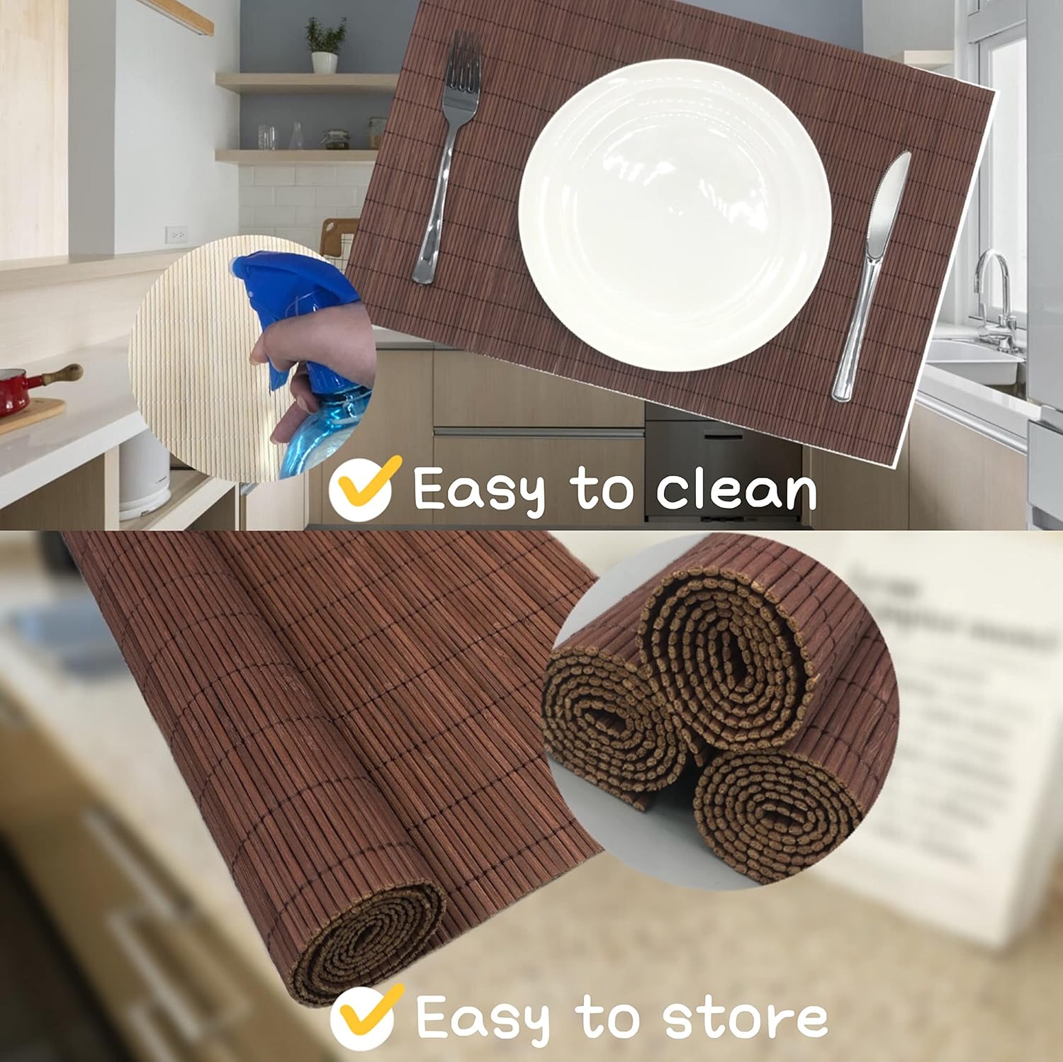 ANDSTAR Set of 12 Pcs Bamboo Placemats Natural Anti-Slip Bamboo Placemats Washable Heat-Resistant Table Mats for Dining Room and Kitchen(Chocolate)