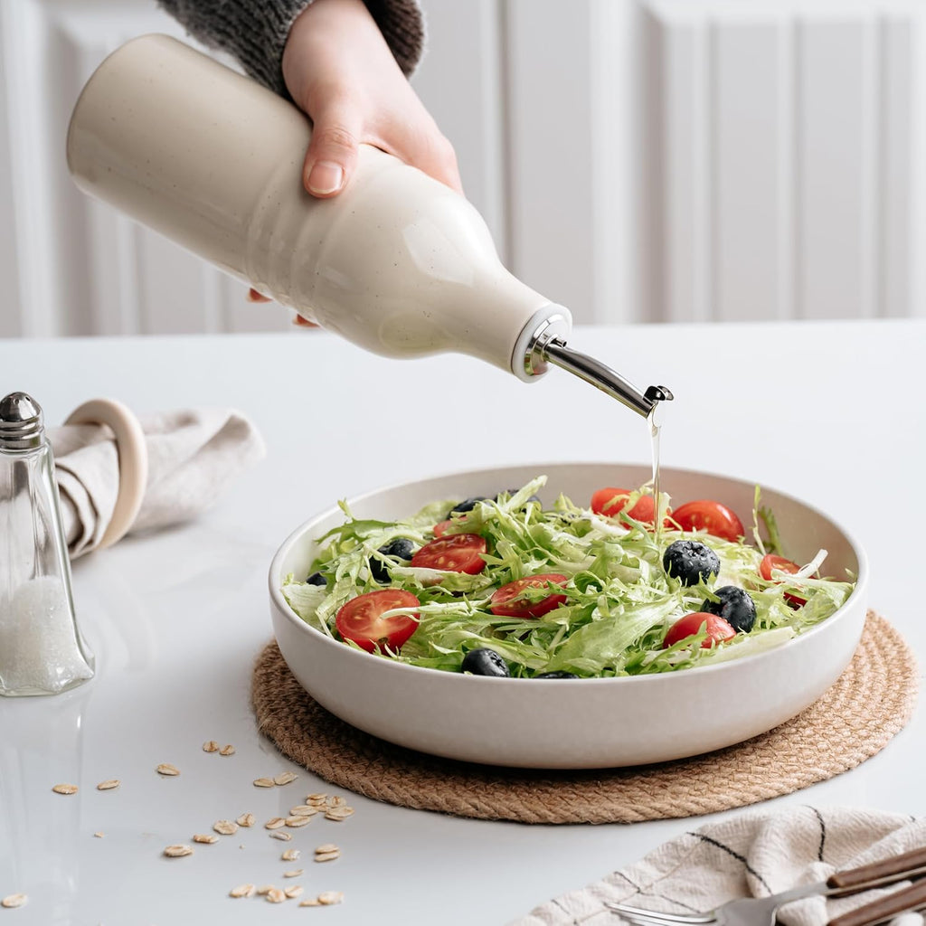 famiware Jupiter 16oz Ceramic Olive Oil Dispenser Bottle, Olive Oil and Vinegar Dispenser Bottle Set of 2 with Stainless Steel Pourers, Suitable for Storage Vinegar, Vanilla White & Light Green