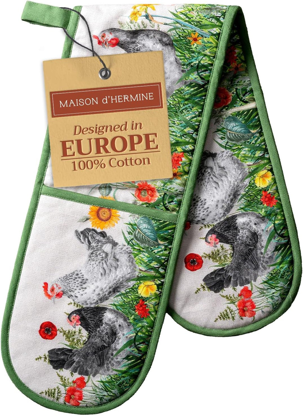 Maison d' Hermine Double Oven Mitts 100% Cotton 7"x35" Double Oven Mitt Heat Resistant BBQ Cooking Gloves with Loop, Baking, Grilling, Home, Kitchen, Handling Hot Pans Spring Summer (Basse Cour)