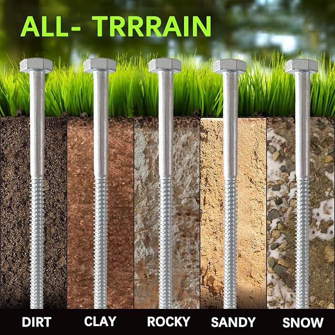 6pcs 3/8 x 12 inch Heavy Duty Camping Ground Anchors, Non-Rust Tent Stakes Screw in Kit for Securing Animals, Trampoline, Carports, Canopies, Sheds, Swing Sets, Ground Anchors for High Winds