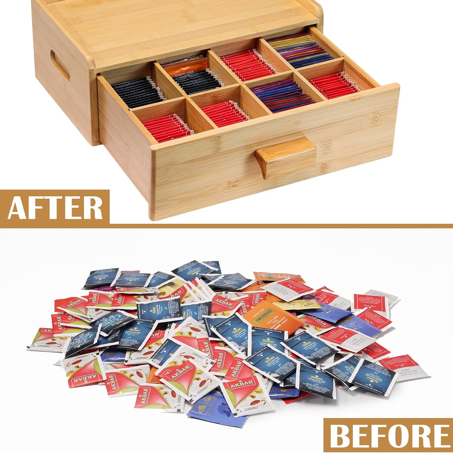 Bamboo Tea Bag Organizer, Slide Drawer Storage Box with 8 Compartments, Eco-Friendly Countertop Holder Display for Teabags, Tea Station Chest, Organizador De Te