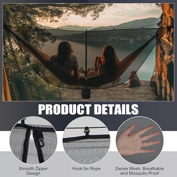 2 Pieces Hammock Bug Mesh Net 11 x 4.7 FT Hammock with Mosquito Net Camping 360 Degree Protection Dual Sided Diagonal Zipper for Hiking Camping Backpacking