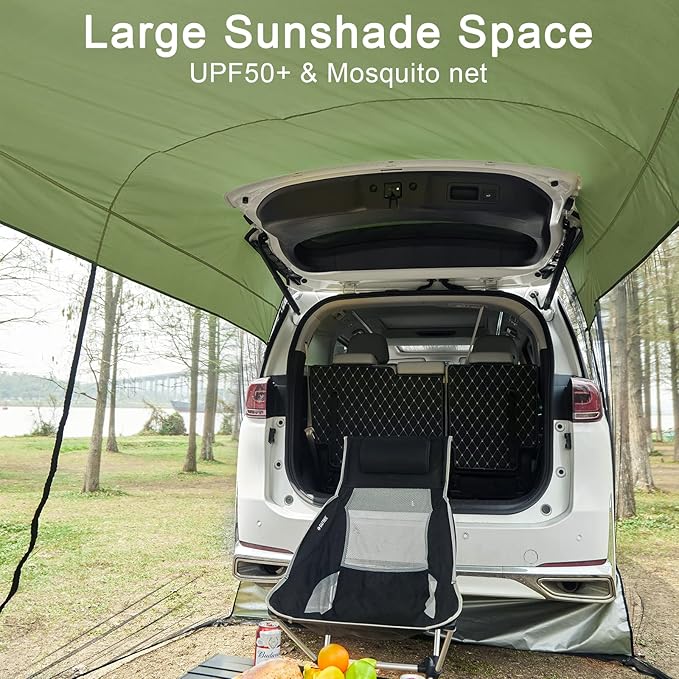 G4Free Car Awning Sun Shelter with Mosquito Net, Portable SUV Tent Tailgate Shade Canopy for Outdoor Camping Travel (Army Green)