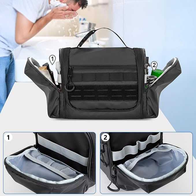 Hanging Toiletry Bag for Men, Tactical Dopp Kit Toiletry Travel Bag, Large Hygiene Organizer Shower Bag for Camping Outdoor, Black