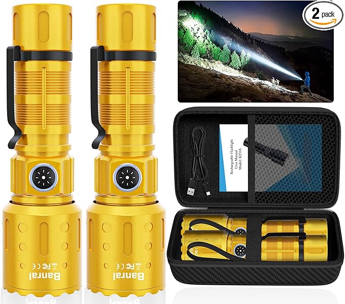 Flashlights High Lumens Rechargeable, 20000 Lumens Super Bright 1500 Meters Long Range Small Powerful Flashlight, 6 Modes LED Tactical Pocket Waterproof Flash Light for Home Emergency (2, Yellow Gold)